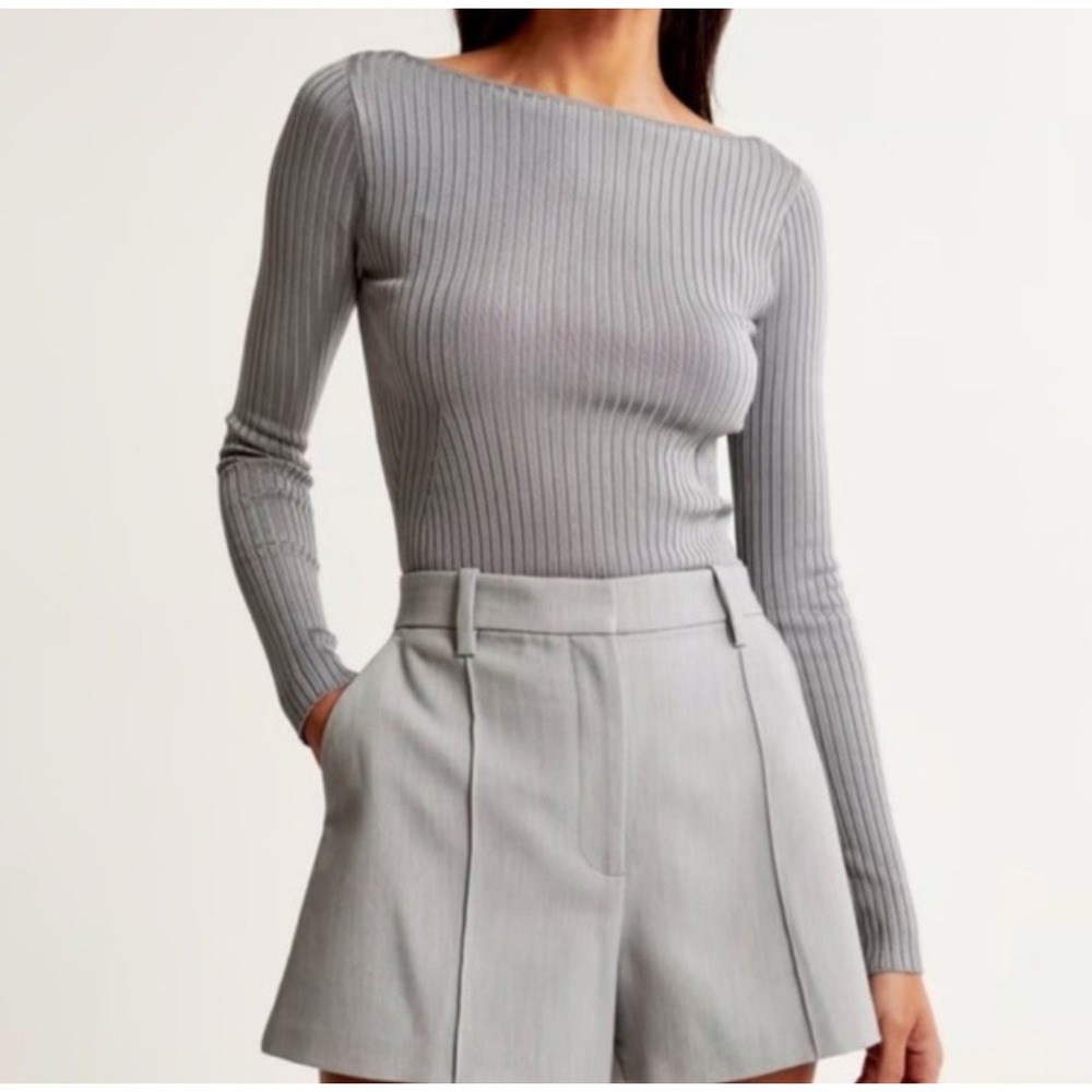 Abercrombie & Fitch Women Glossy Gray Wide Ribbed Slash Neckline Knit Sweater S